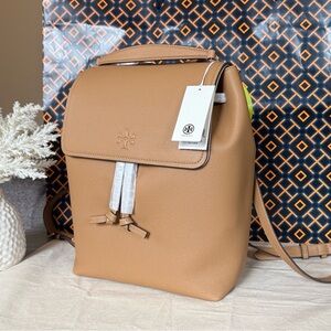 New✨tory burch Thea With Gold Hardware Pebbled Leather Backpack (tan/triamisu)
